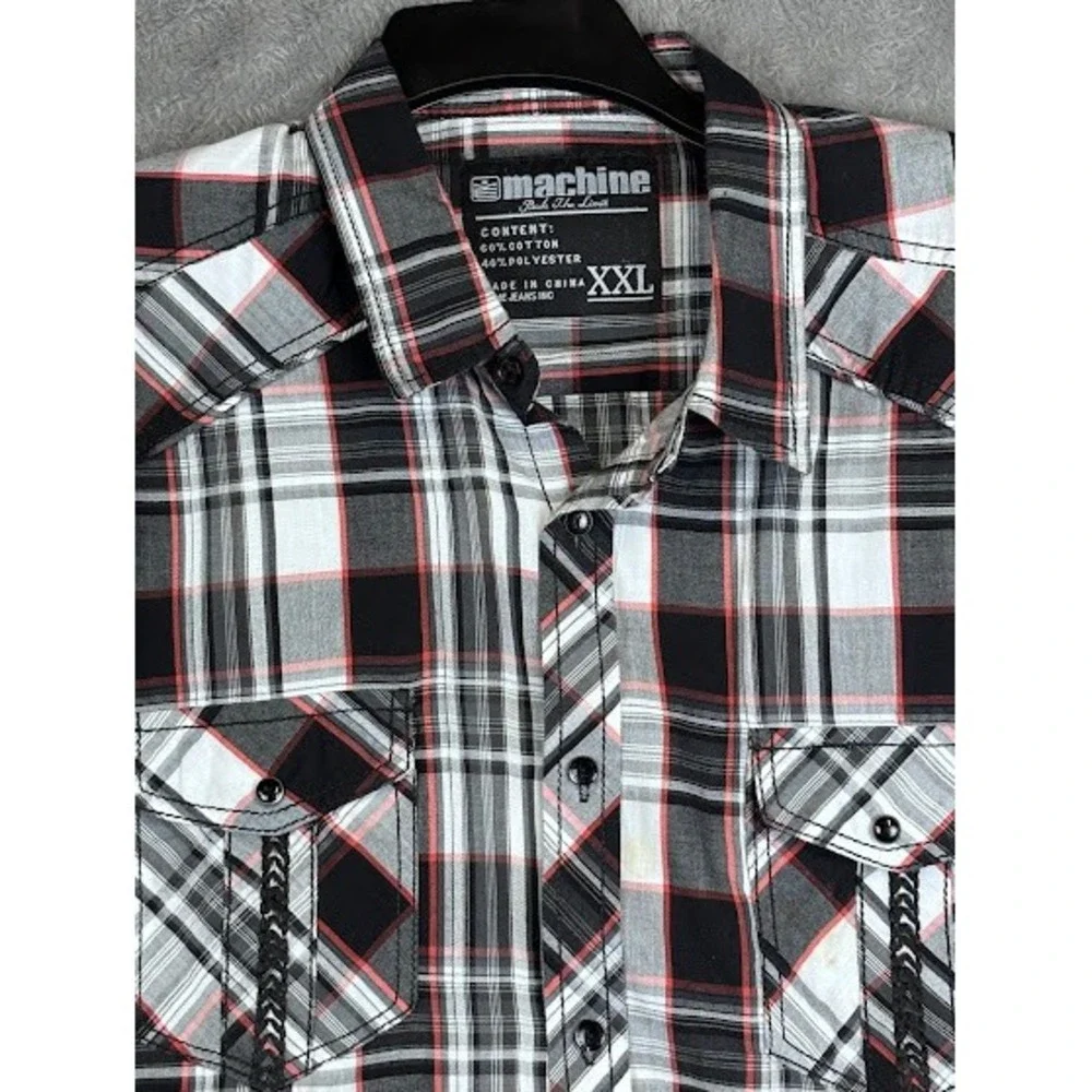 Machine Men's Western Shirt XXL Black Red Plaid‎ Long Sleeve Button Up Casual